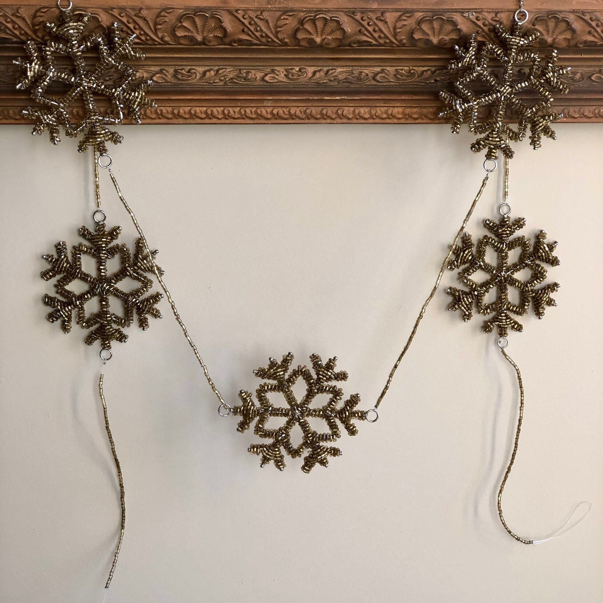 Antique Gold Glass Beaded Snowflake Garland