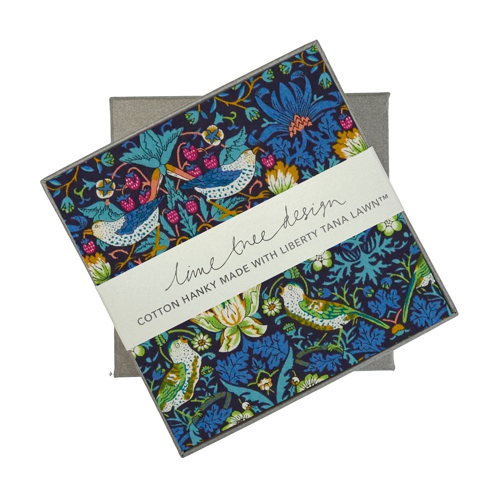 Single Boxed Hanky made with Liberty Tana Lawn Blue Strawberry Thief