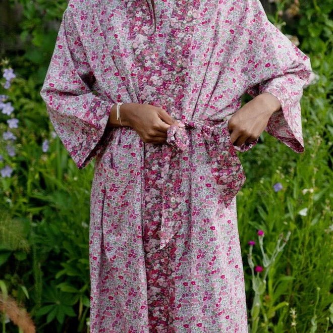 Long Kimono Robe Poppy Forest Pink Made with Liberty Fabric