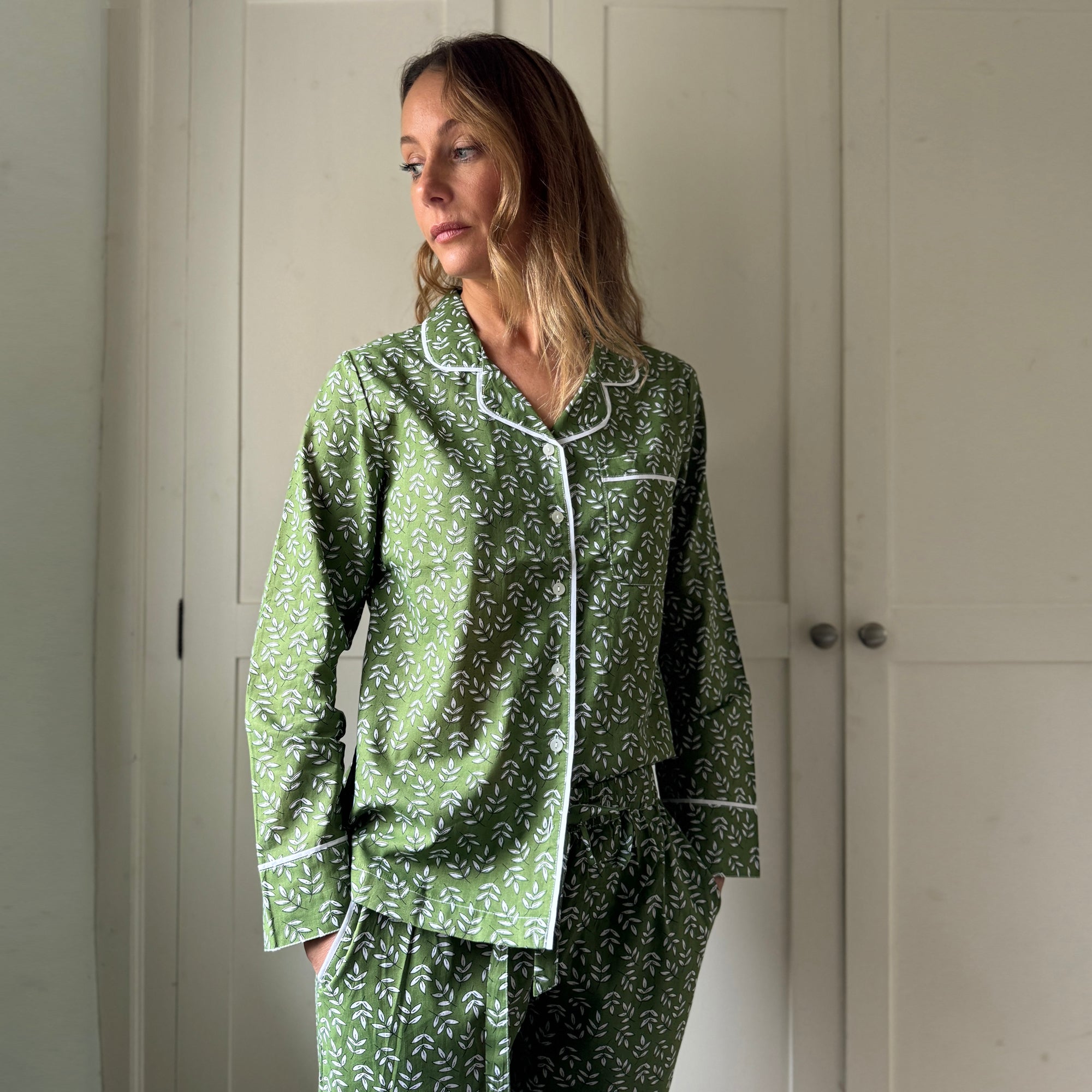 Green Falling Leaf Cotton Pyjamas Lime Tree Design