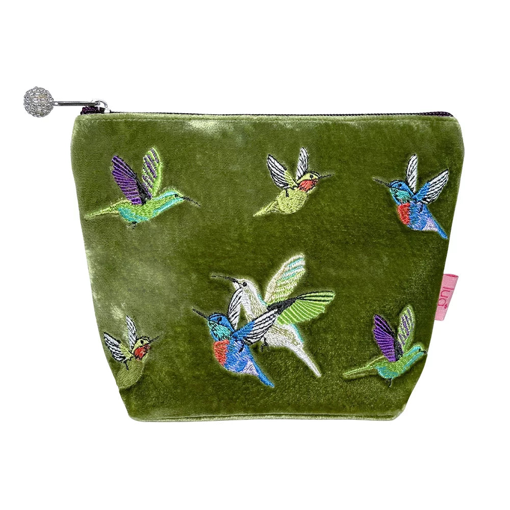 Humming Bird Olive Green Velvet Cosmetic Purse