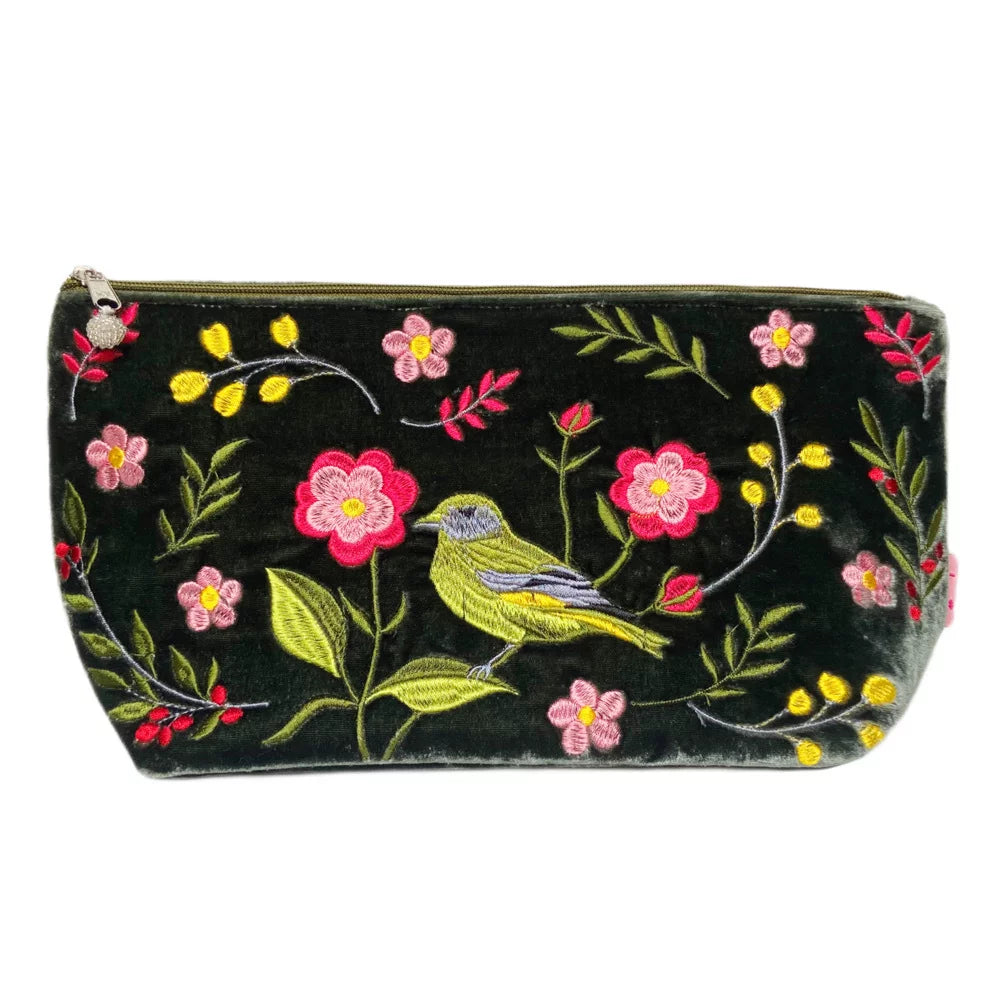 Large Greenfinch & Flower Dark Sage Velvet Cosmetic Purse