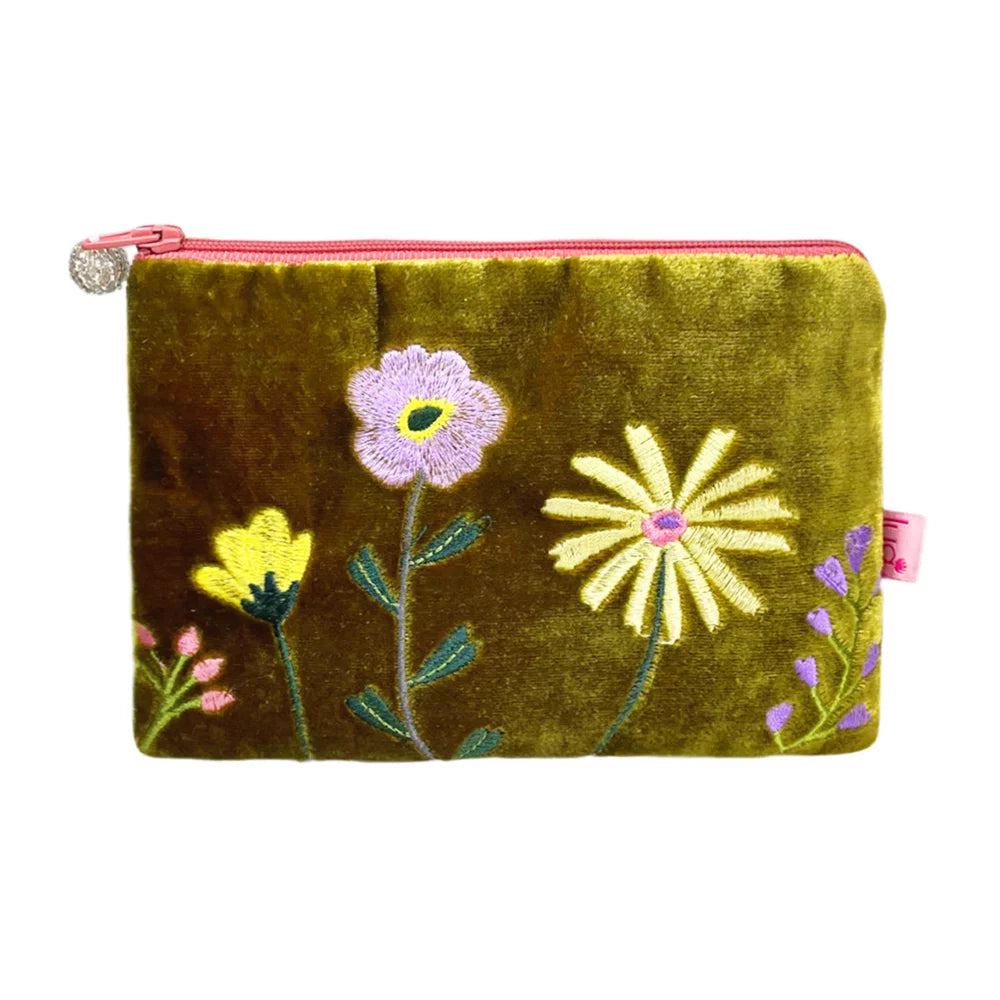 Velvet Coin Purse Gold Olive Wild Flowers