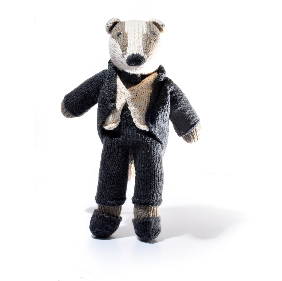 Hand Knitted Badger Soft Toy in Morning Coat and White Waistcoat