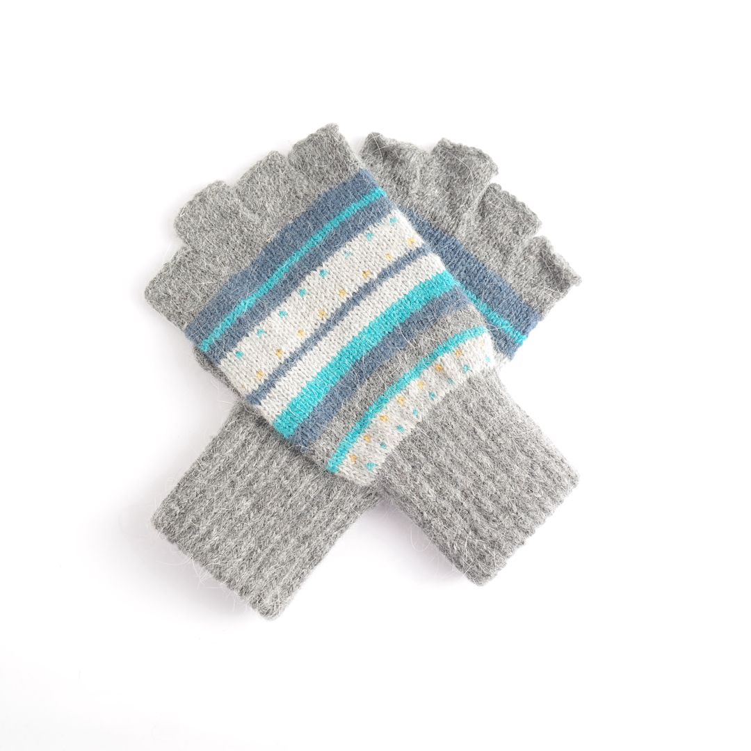 Grey Dots and Stripes Fingerless Gloves